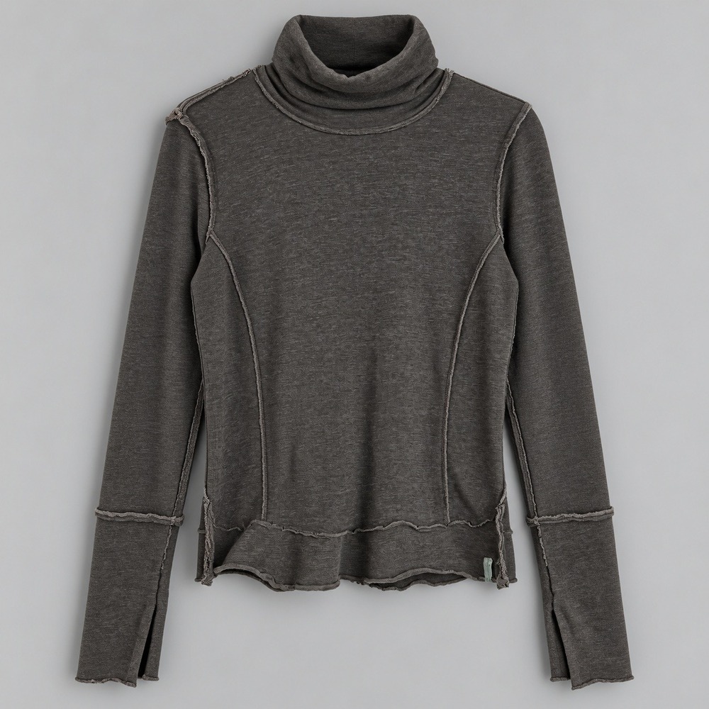 We The Free Free People Brown Turtle Neck Raw Hem Exposed Seam Top Medium